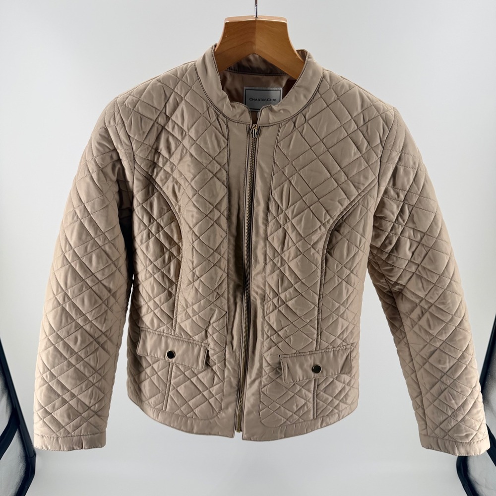 Charter Club Womens Tan Beige Quilted Zip Up Jacket Mock Neck- Size S